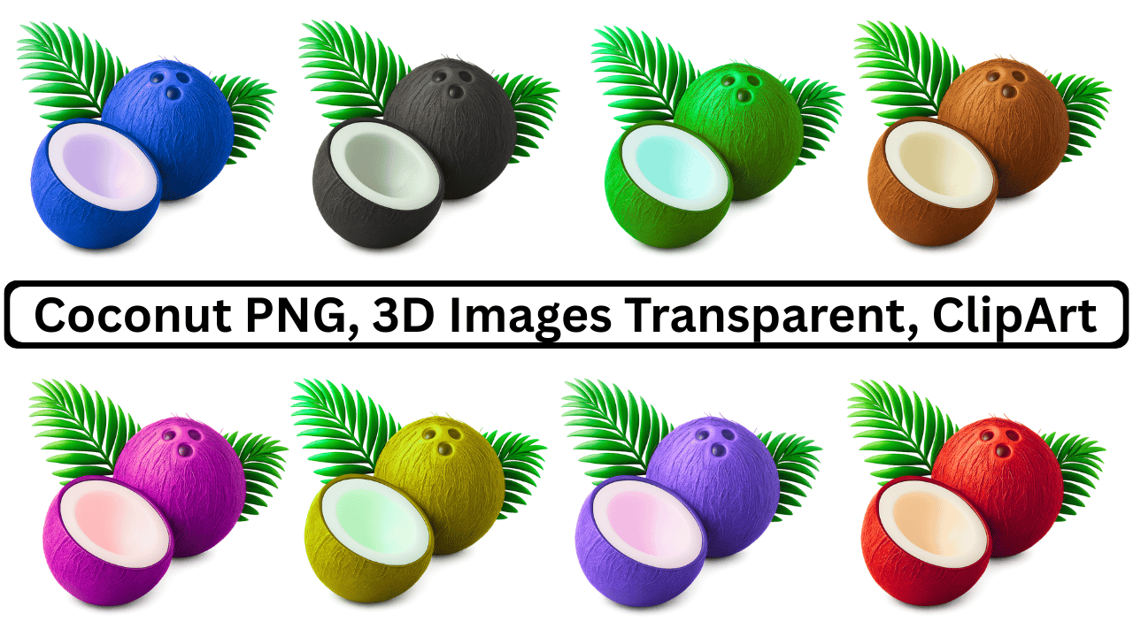 Colorful coconut PNG set with tropical palm leaves, 3D transparent clipart fruit illustrations