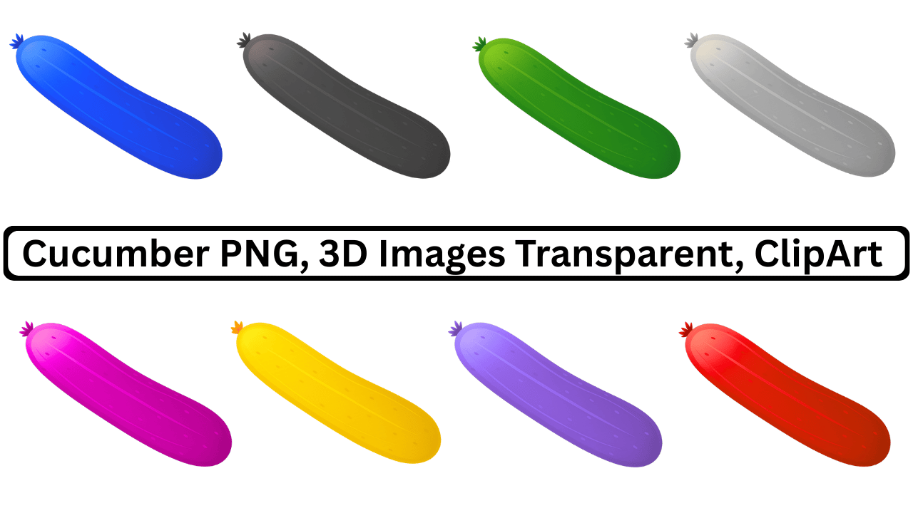 Collection of colorful 3D cucumber emoji clipart, transparent background.