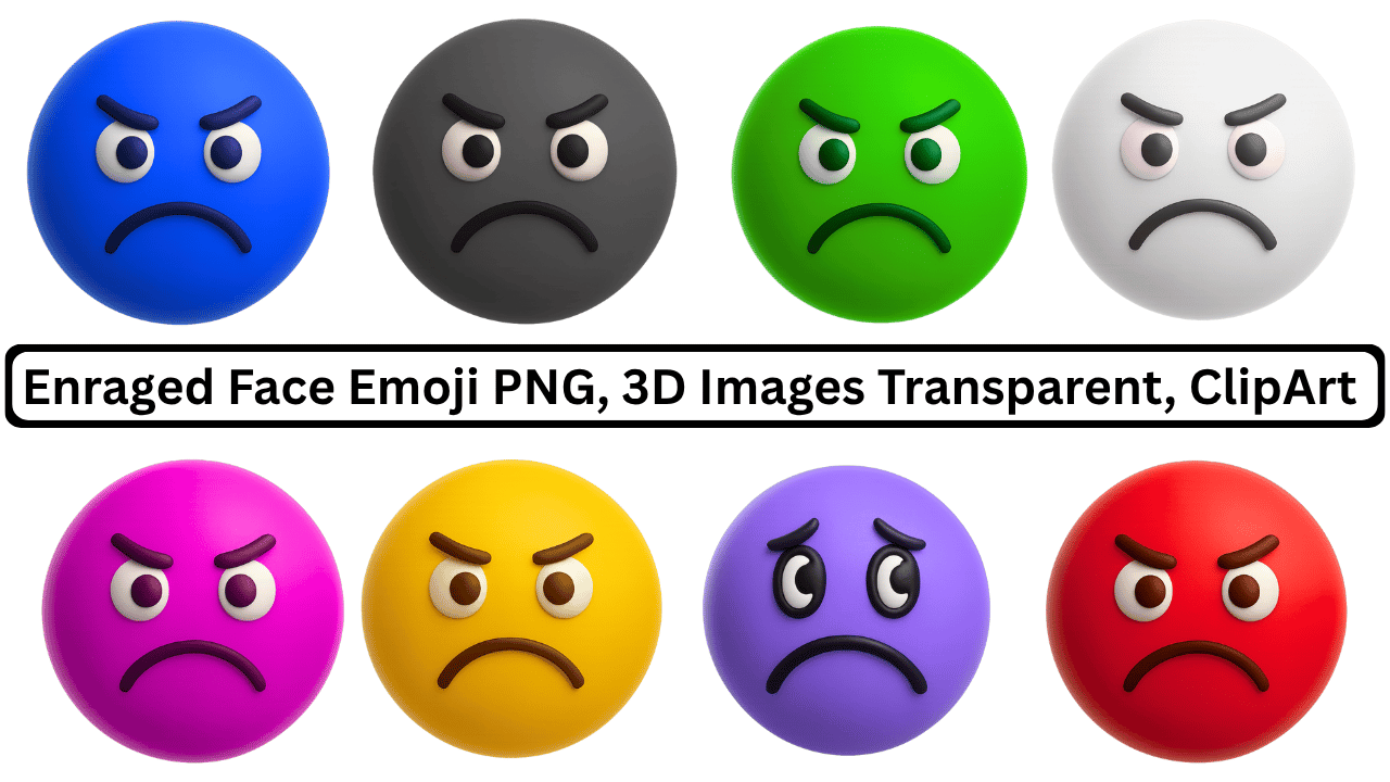 A collection of 8 diverse 3D enraged face emojis in various colors.