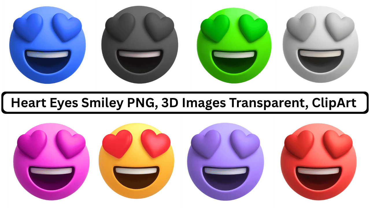 A collection of 8 diverse 3D heart eyes emojis in various colors.
