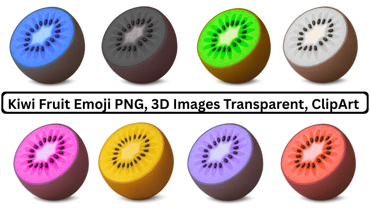 A vibrant collection of 8 halved kiwi fruit emojis in various colors: blue, gray, green, white, pink, gold, purple, and red.