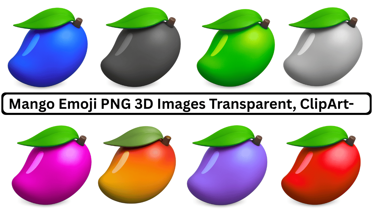 Colorful mango emoji PNG 3D fruit icons set with green leaves and glossy texture