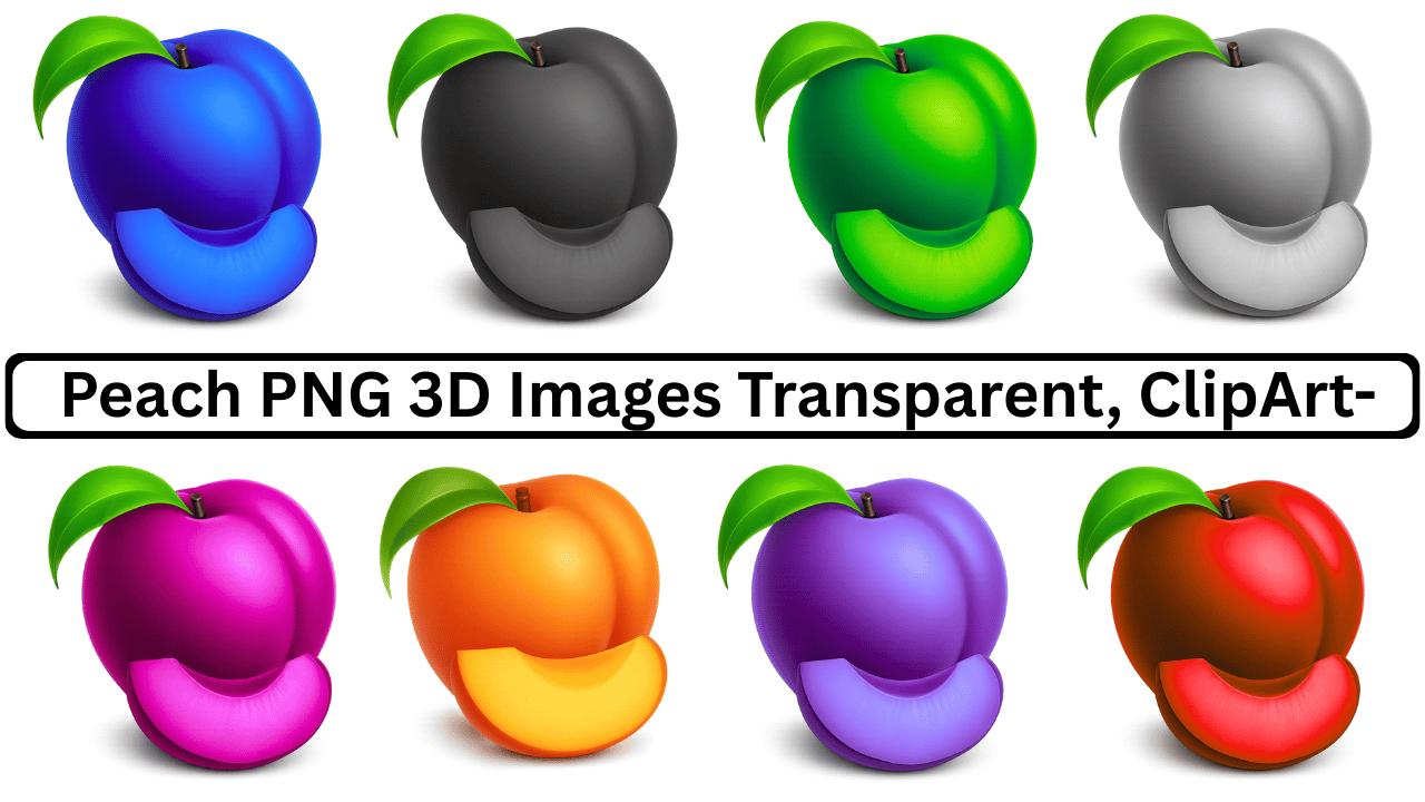 Collection of colorful 3D peaches and plums, transparent PNG clipart images with slices and leaves.