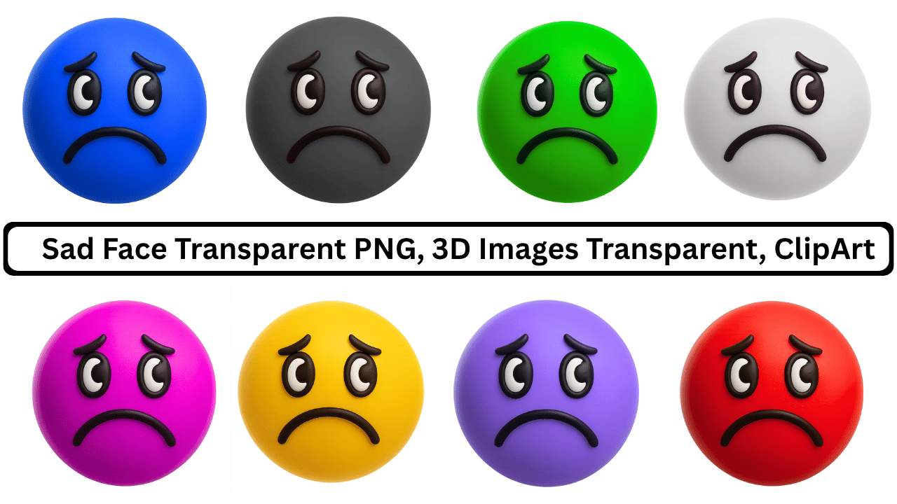 A collection of 8 diverse 3D sad face emojis in various colors.