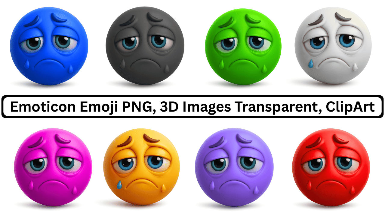 Collection of crying 3D emoticon emojis in various colors with tear drops and sad expressions.
