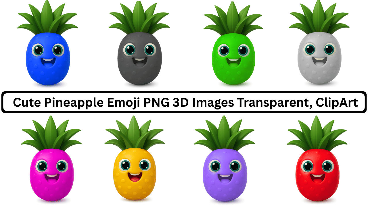 Colorful cute pineapple emoji 3D PNG transparent clipart with happy face expressions