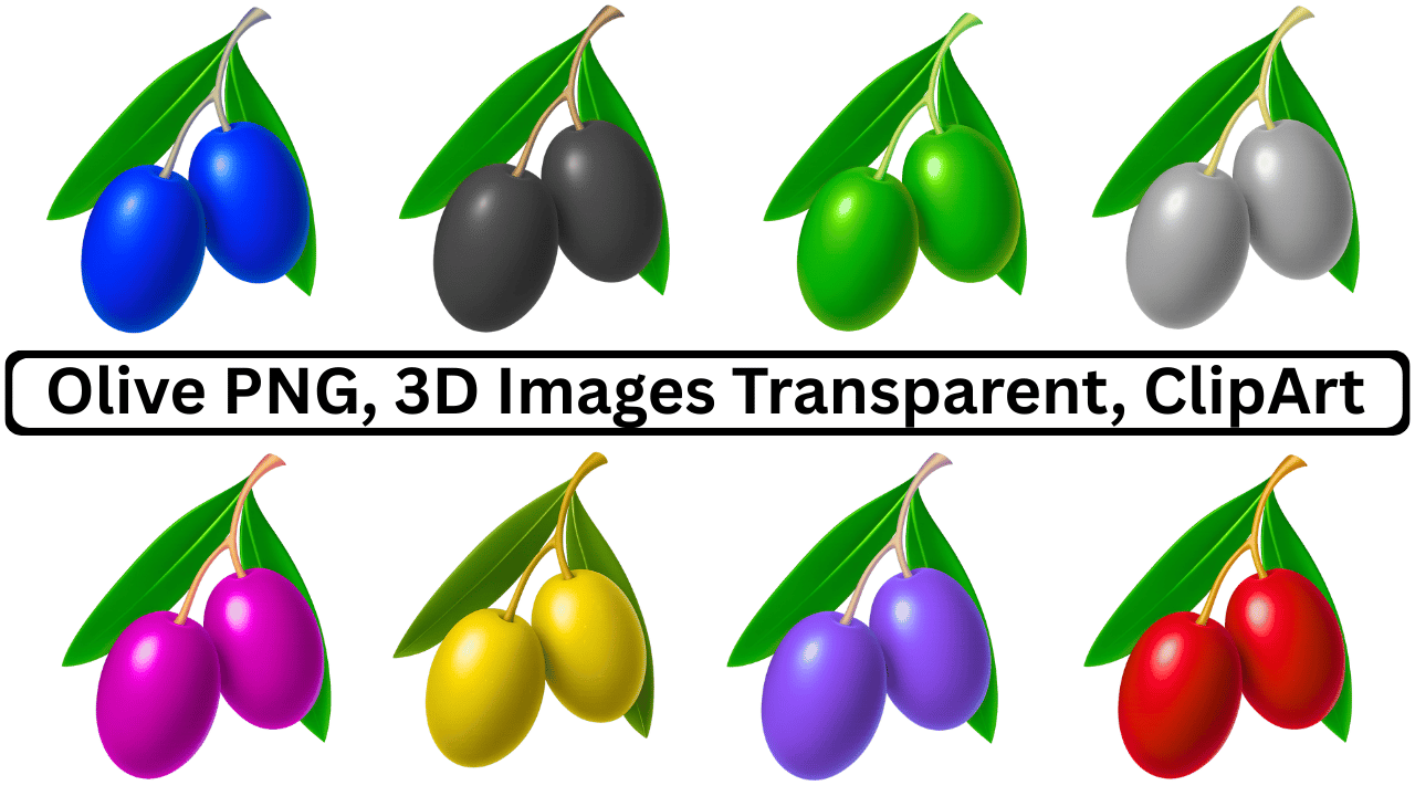 A collection of 3D olive PNGs in blue, black, green, grey, pink, yellow, purple, and red.