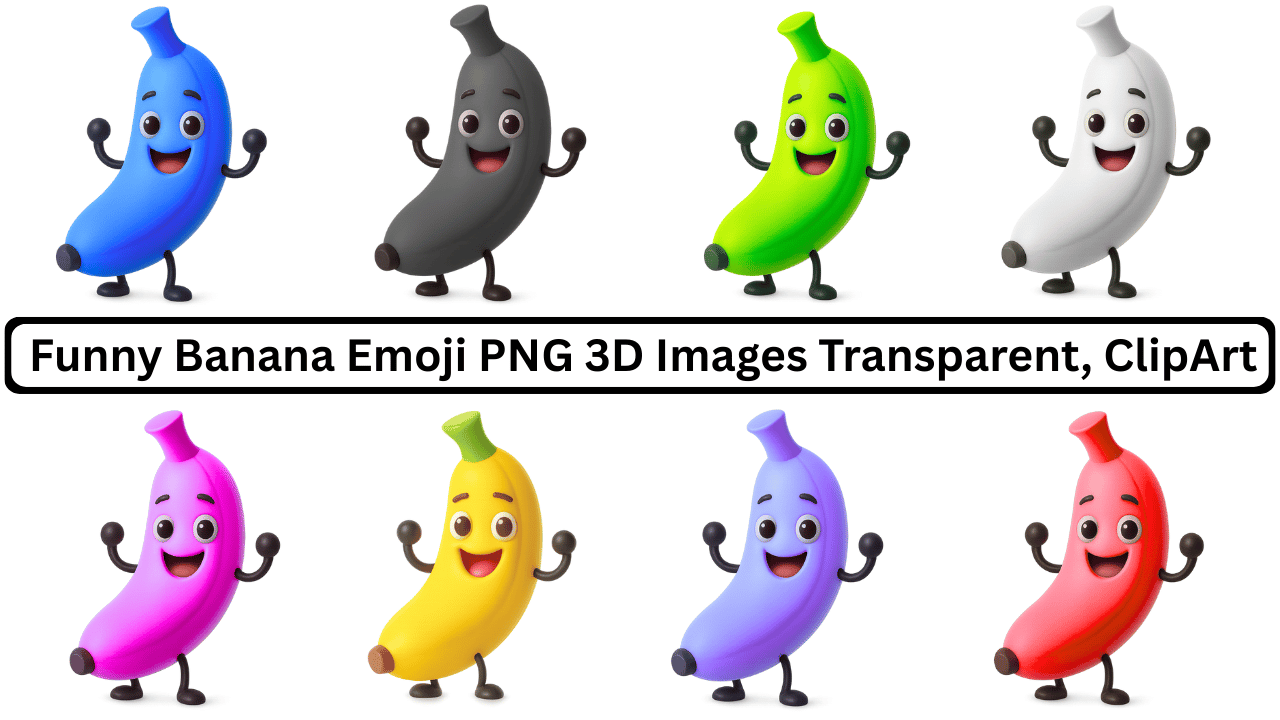 Funny colorful banana emoji cartoon characters in 3D style with smiling faces and transparent background