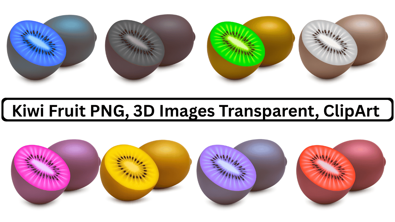 3D multicolor kiwi fruit PNG transparent clipart with different vibrant sliced fruit designs