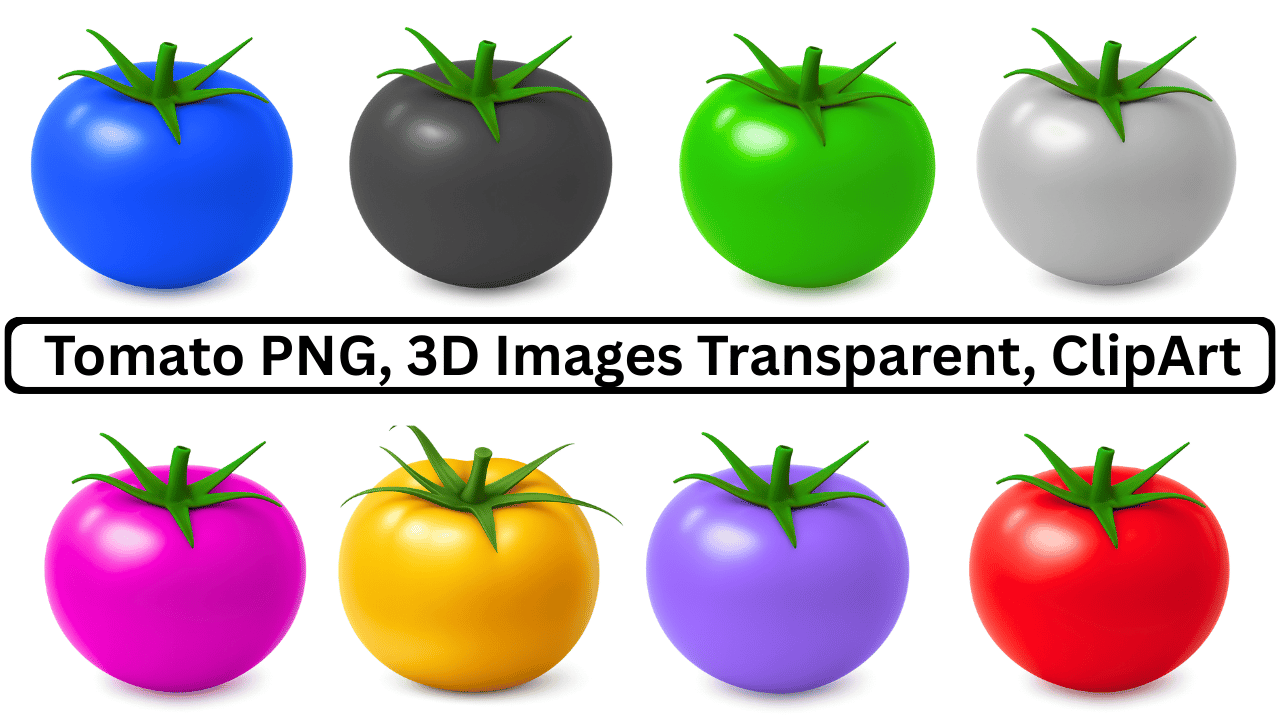 A collection of eight 3D rendered tomatoes in various colors: blue, black, green, white, pink, yellow, purple, and red, on a transparent background.