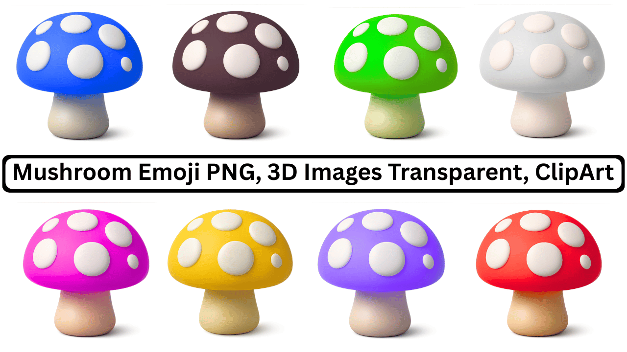 Colorful 3D mushroom emoji PNG set with multicolor caps and white spots transparent clipart