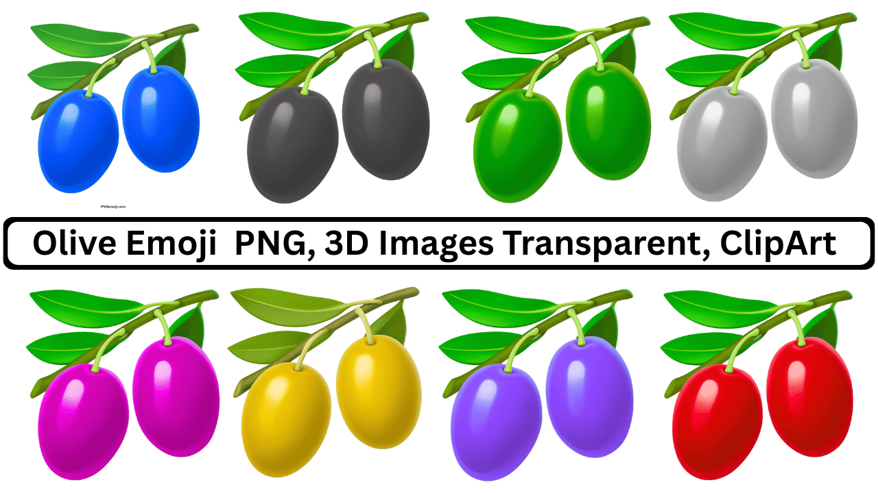 A collection of colorful 3D olive emojis in blue, black, green, silver, magenta, yellow, purple, red.